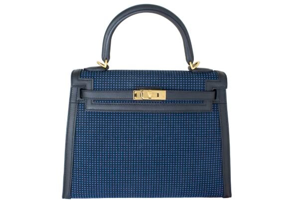 HERMES Limited Edition Black Swift and Bleu Egee Toile Quadrille Kelly 25 Sellier