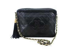 CHANEL Black Vintage Lambskin Quilted Tassel Camera Case