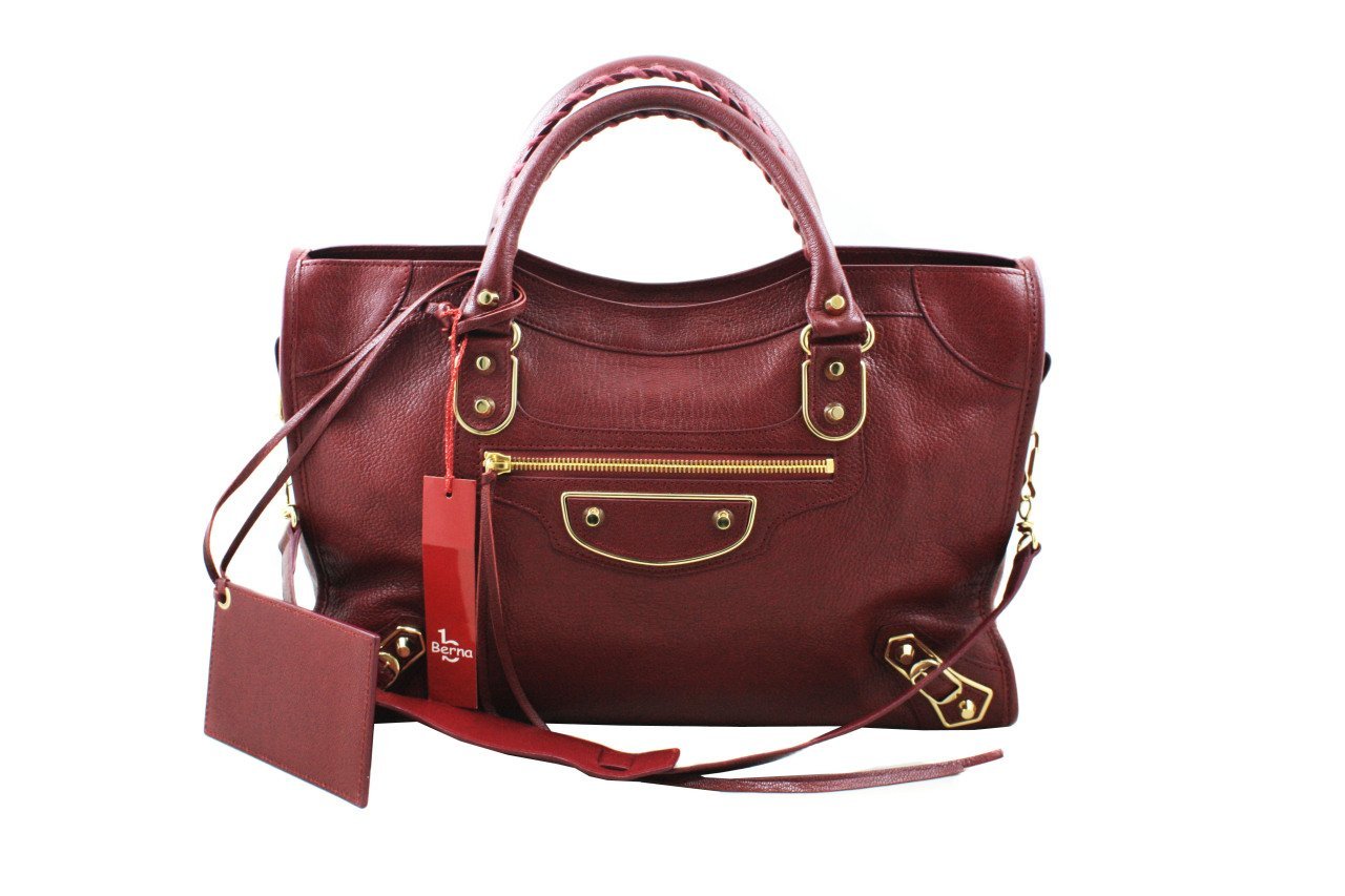 BALENCIAGA Chevre Gold Metallic Edge City Bordeaux