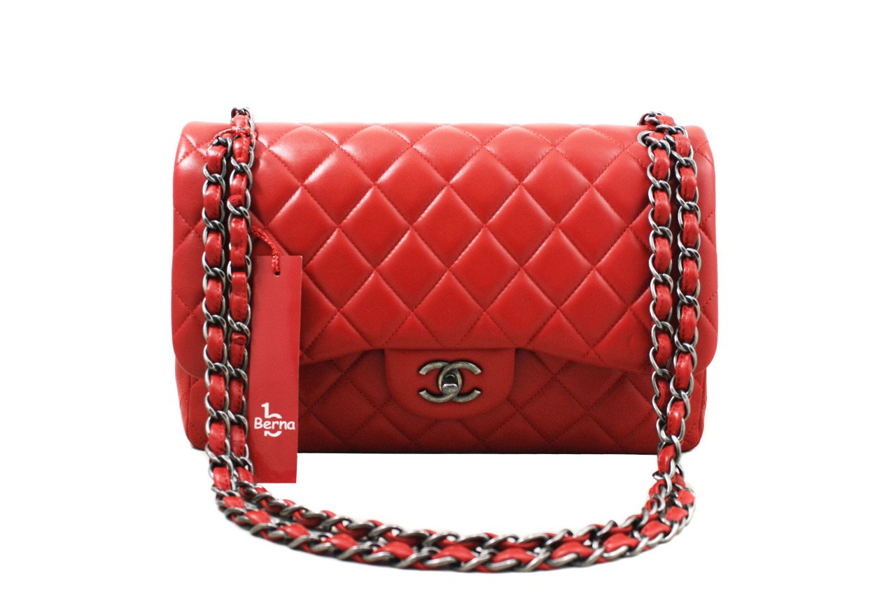 CHANEL Red Lambskin Classic Jumbo Double Flap Bag