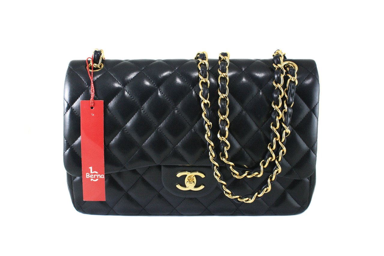 CHANEL Black Lambskin Quilted Jumbo Double Flap