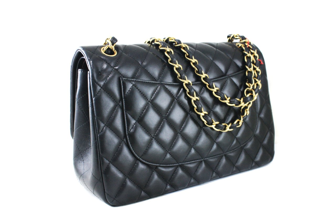 CHANEL Black Lambskin Quilted Jumbo Double Flap
