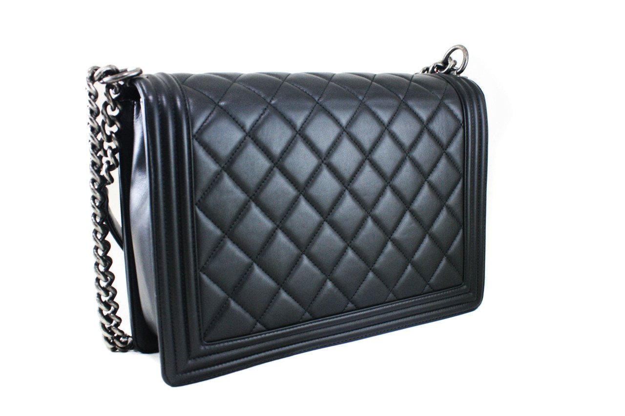 CHANEL Large Black Lambskin Quilted Large Boy Bag