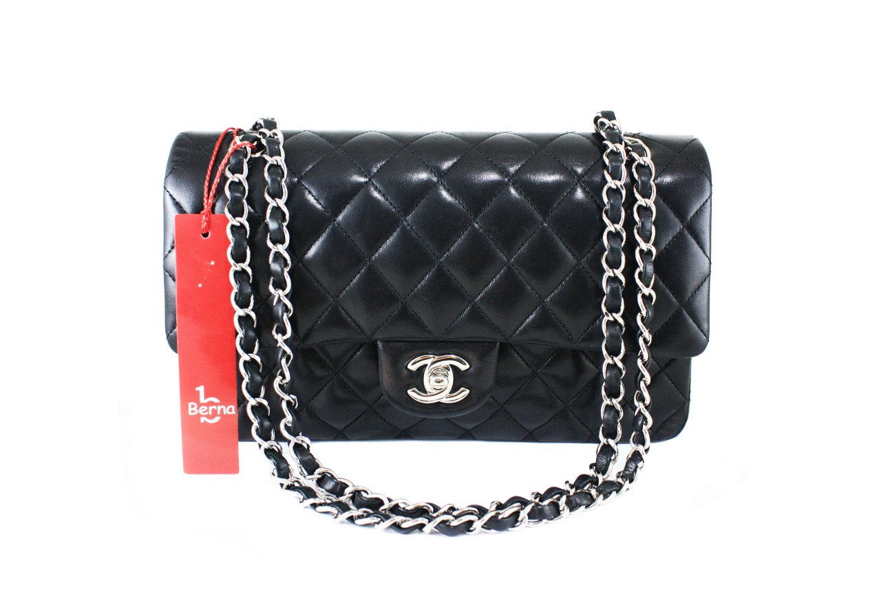 CHANEL Black Lambskin Quilted Medium Double Flap SHW