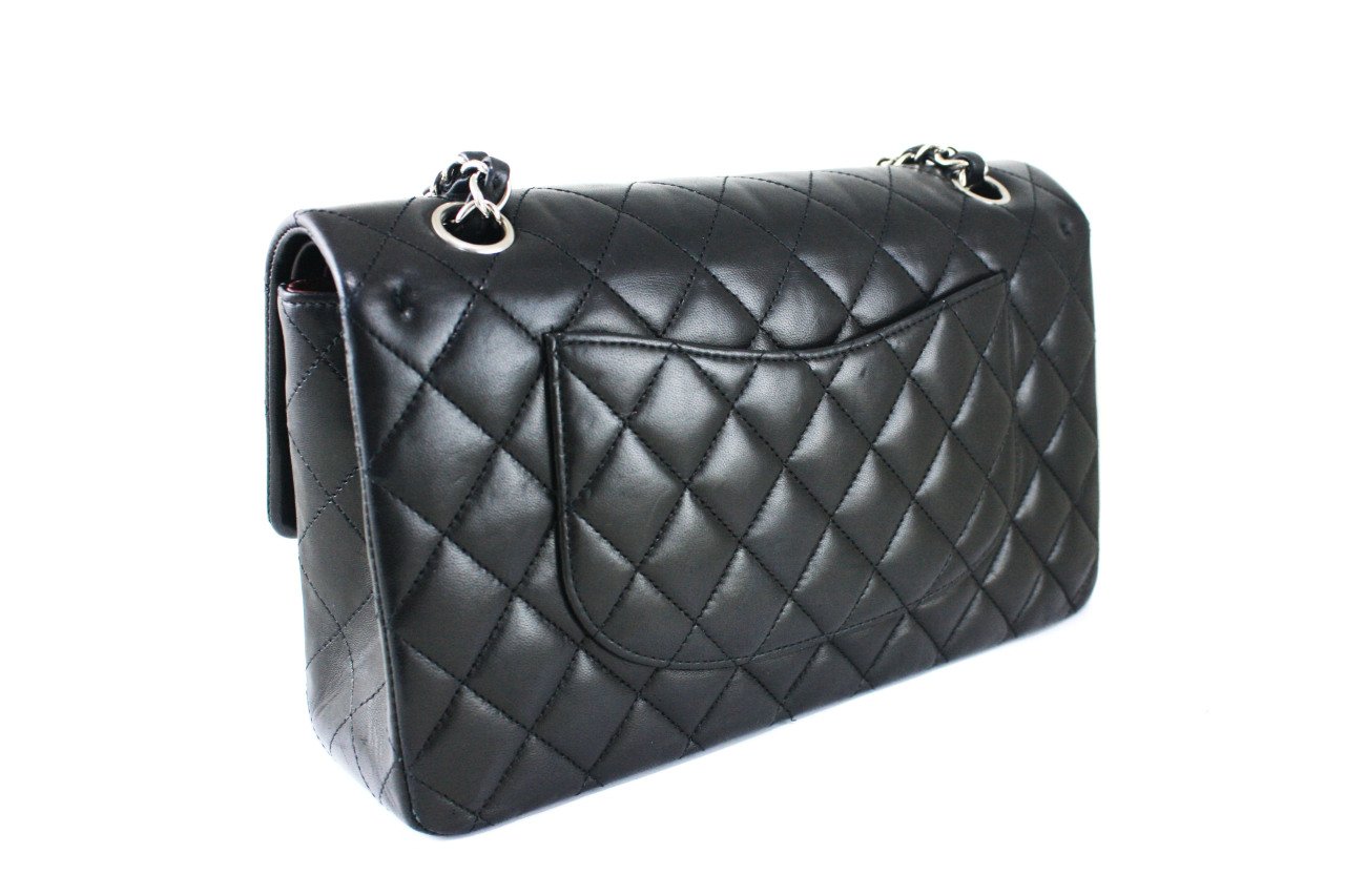 CHANEL Black Lambskin Quilted Medium Double Flap SHW