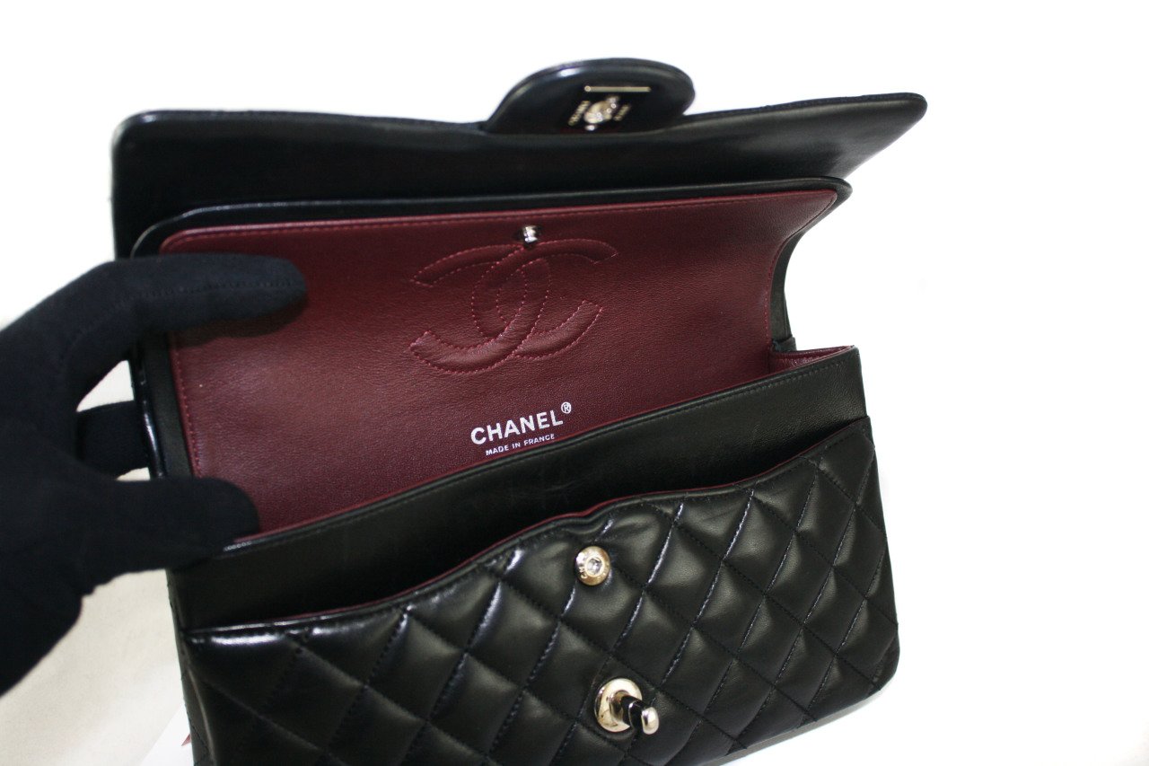 CHANEL Black Lambskin Quilted Medium Double Flap SHW