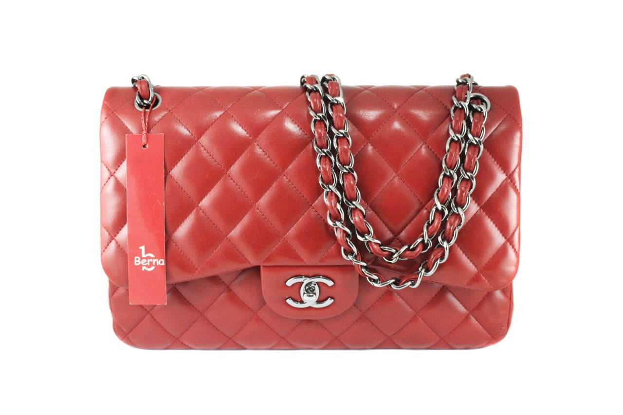 CHANEL Bordeaux Red Lambskin Quilted Jumbo Double Flap Bag