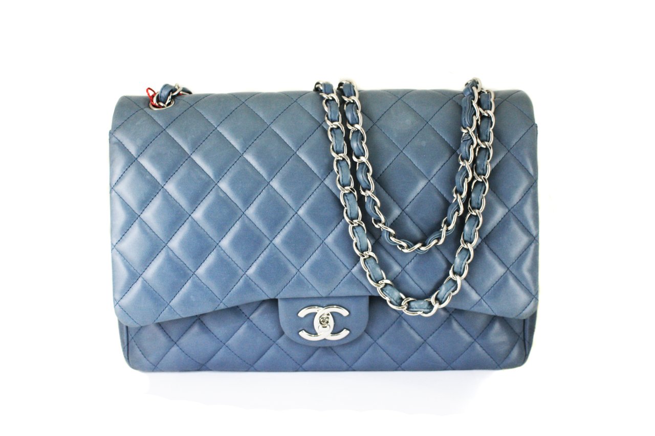 CHANEL Blue Lambskin Quilted Maxi Jumbo Double Flap