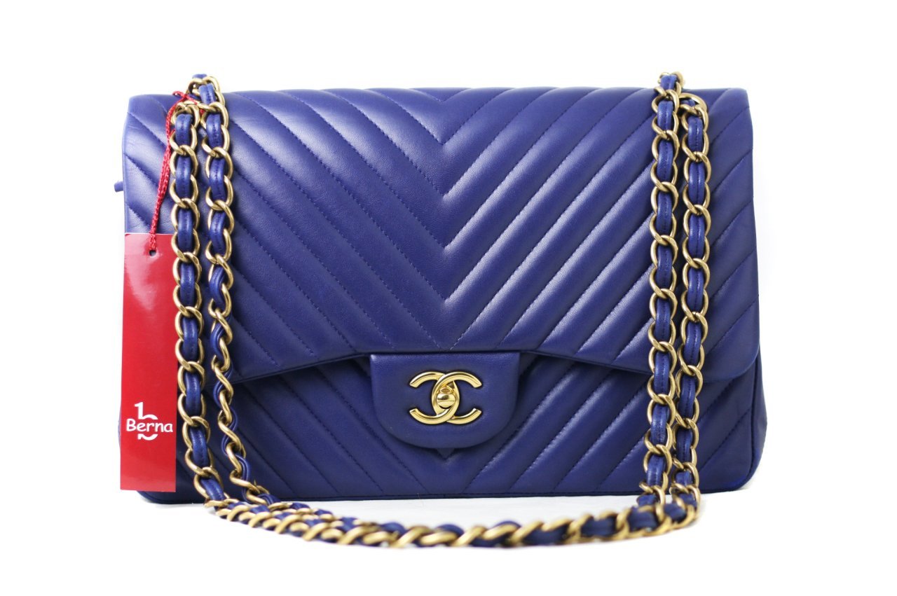 CHANEL Blue Classic Lambskin Chevron Jumbo Double Flap