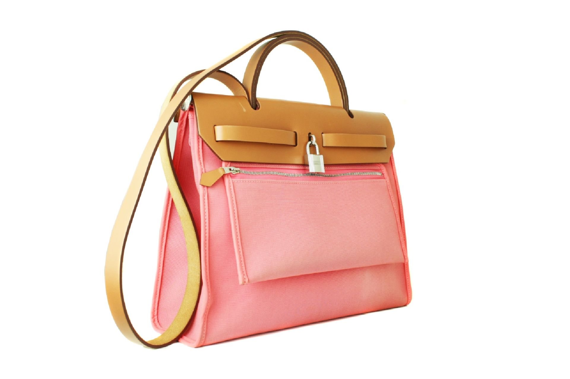 HERMES Vache Hunter Toile Herbag Zip 31 PM Rose Azalee Natural