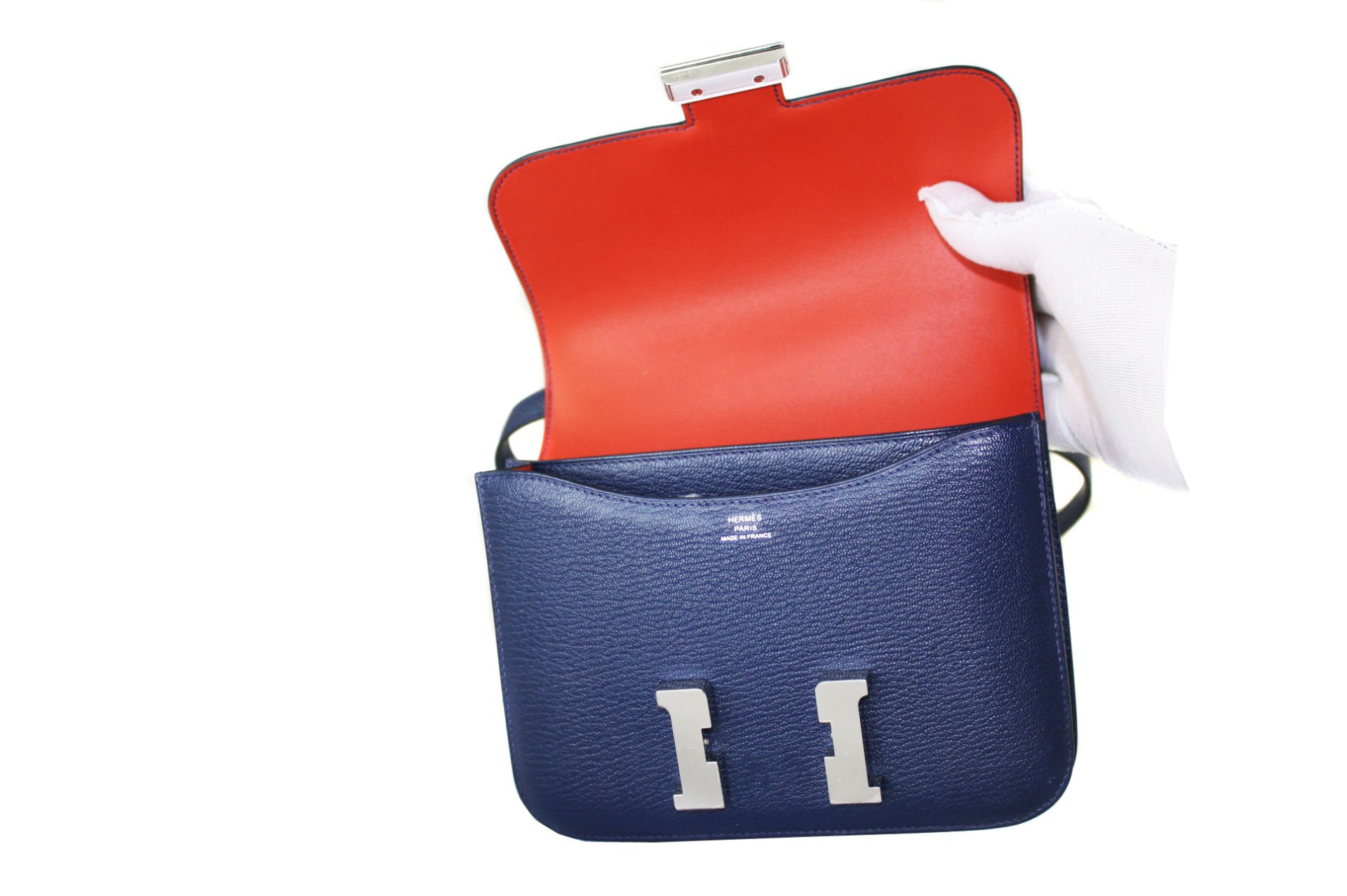 HERMES Constance III Mini Mirror Bleu Navy/Sanguine Chevre Mysore Laiton